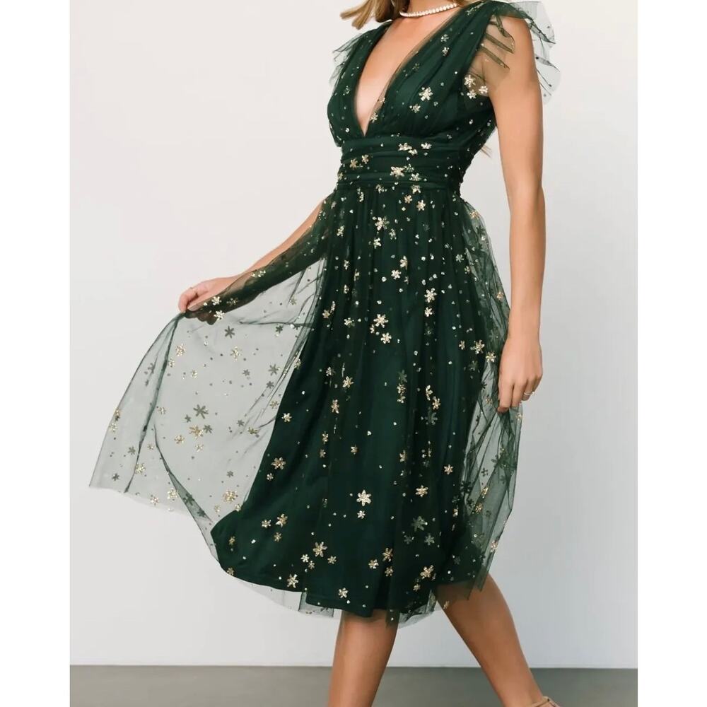 Baltic Born Forest Green Tulle Midi Dress with Gold Star Embroidery - Picture 3 of 10